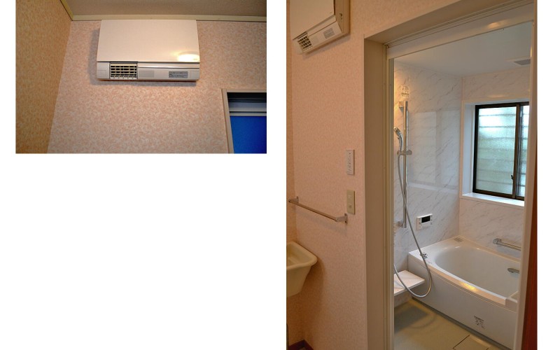 浜松市浜北区の浴室と洗面のリフォームの施工事例です。洗面には壁取り付けの暖房機も新設。
